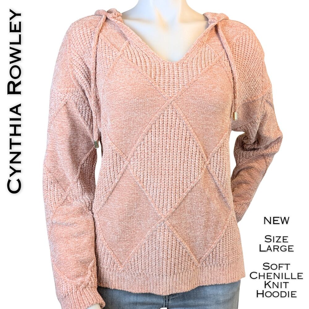 Cynthia Rowley Sweater Hoodie Large Pink Chenille Textured Diamond Knit Soft NEW